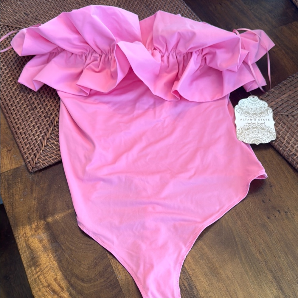 Altar'd State Pink Ruffled Bodysuit